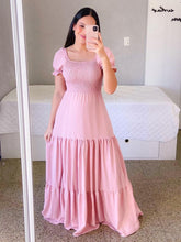 A-Linien-Kleid, gesmokt, kurze Ärmel, gestufte Rüschen, Sommer-Maxikleider